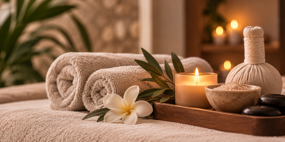 A couples massage with leaf overlay effect