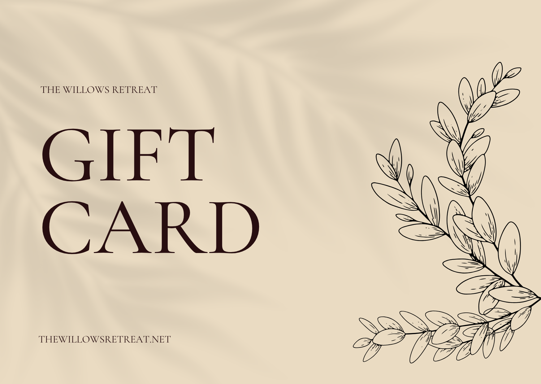 Gift card design with leaf illustration and text on a beige background
